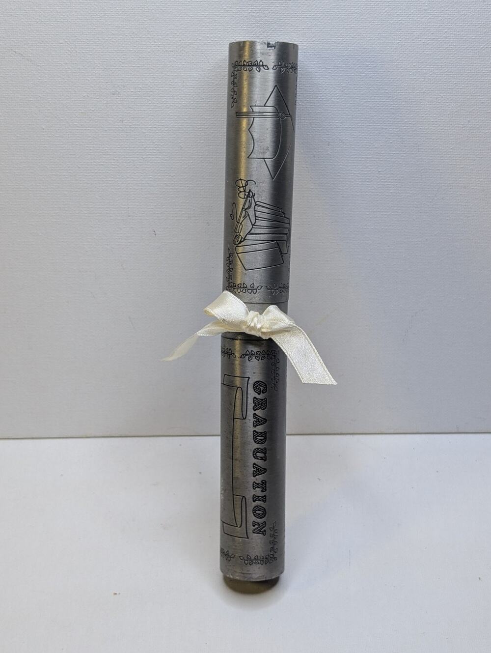 Graduation Diploma Certificate Scroll Holder Silver Tone Metal Tube 9" Ribbon